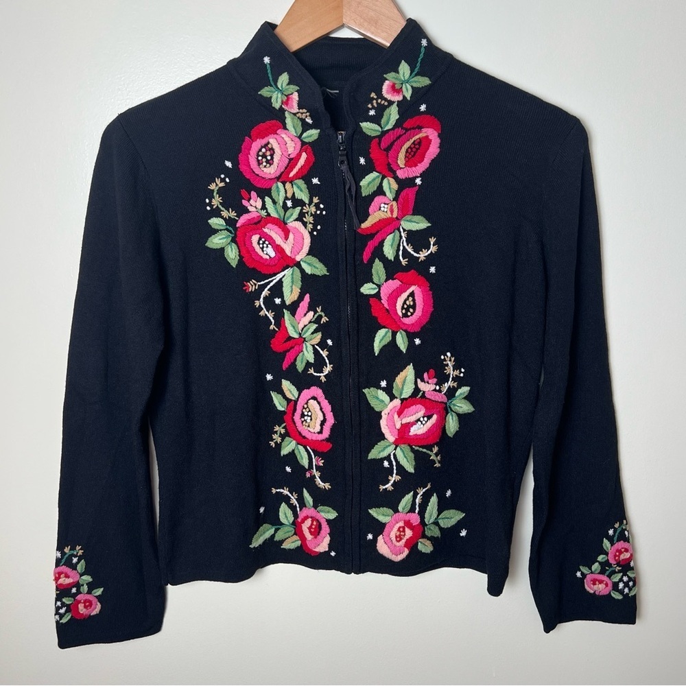 Northern Isles Floral Embroidered Zip Up Cardigan Sweater Petite Small Cottage